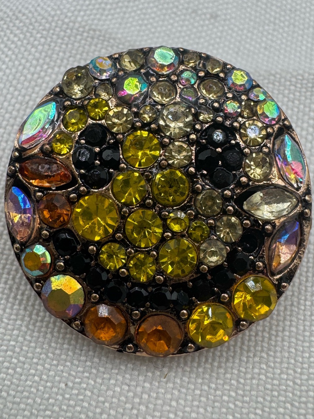 Smiley Face Brooch multicolored rhinestone face at crystals, yellow amber black
